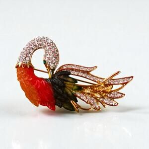 Vintage Lucite Rhinestone Gold Tone Swan Brooch Pin 2 1/4” Not Signed